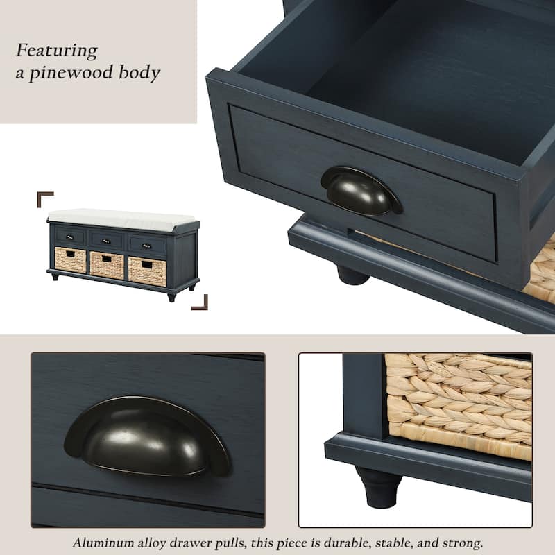 Storage Bench with Drawers and Rattan Baskets Entryway Shoe Bench
