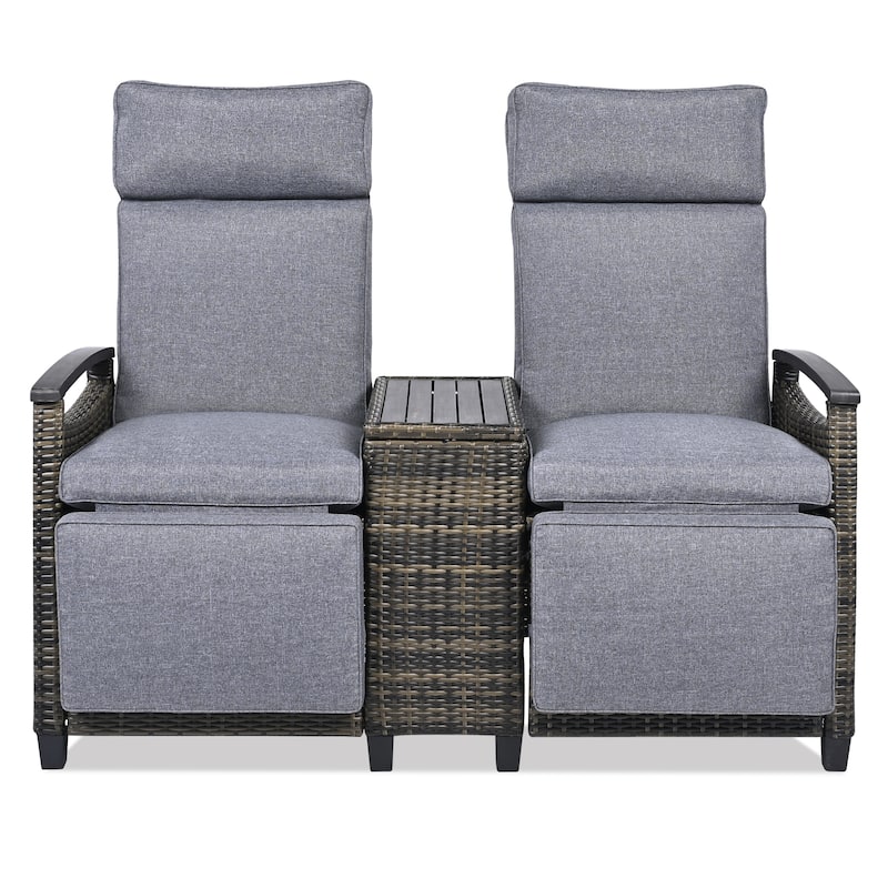 Adjustable Backrest Patio Recliner Wicker Outdoor Lounge Chair Set with Acacia Wood Armrests and Built-in Storage Table