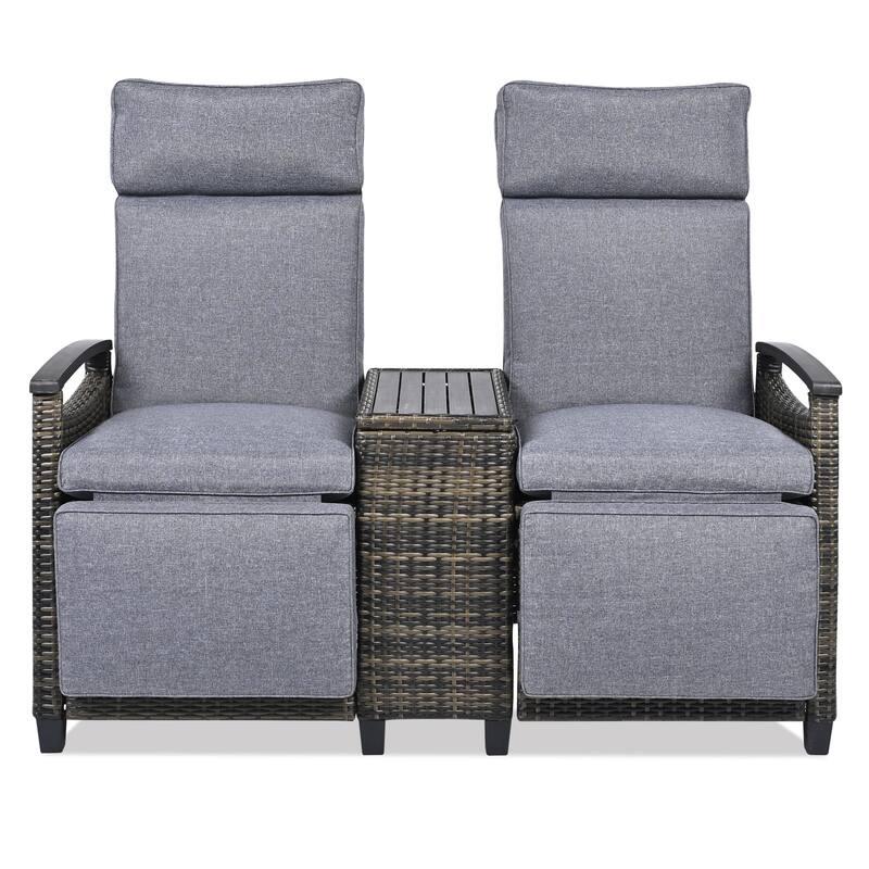 Patio Recliner Loveseat Chair with Adjustable Backrest, Armrests & Built-in Storage