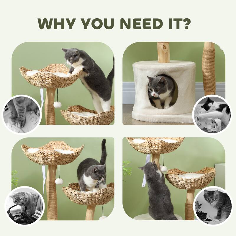 PawHut Modern Cat Tree with Wooden Scratching Posts, Condo, Beds & Cushions