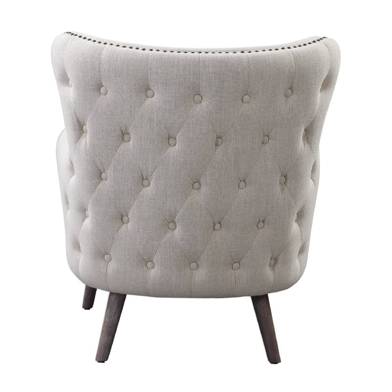 35" Cream Button Tufted Accent Chair with Nailhead Trim and Dowel Legs