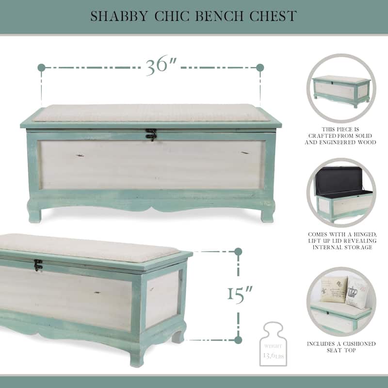 36" Teal Green and White Distressed Bench Chest with Seat Cushion