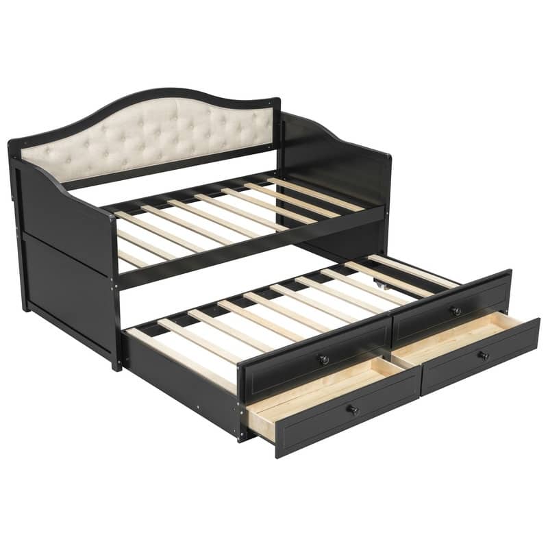 Twin Size Daybed with Trundle, 2 Storage Drawers and Upholstered Button Tufted Backrest
