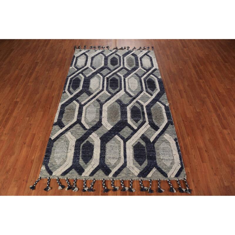 Modern Geometric Moroccan Area Rug Hand-Knotted Indian Wool Carpet - 5'1" x 8'3"