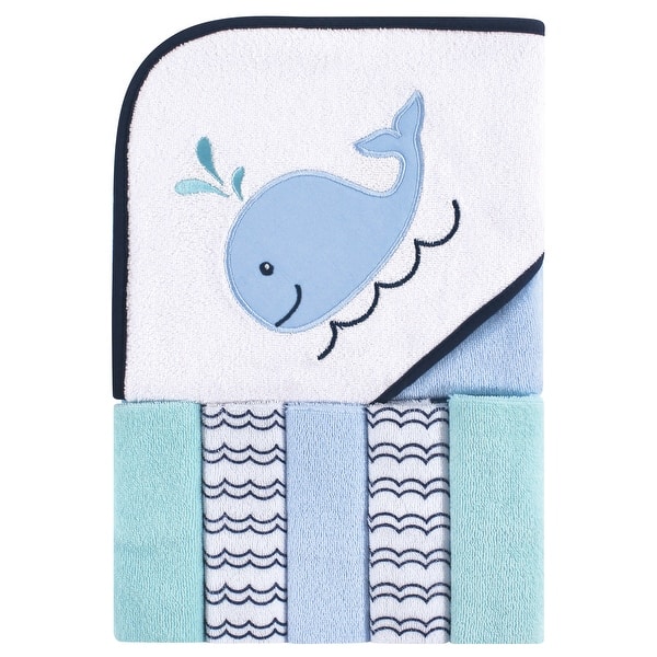 slide 1 of 1, Luvable Friends Baby Boy Hooded Towel with Five Washcloths, Boy Whale, One Size - Boy Whale - One Size One Size - Boy Whale
