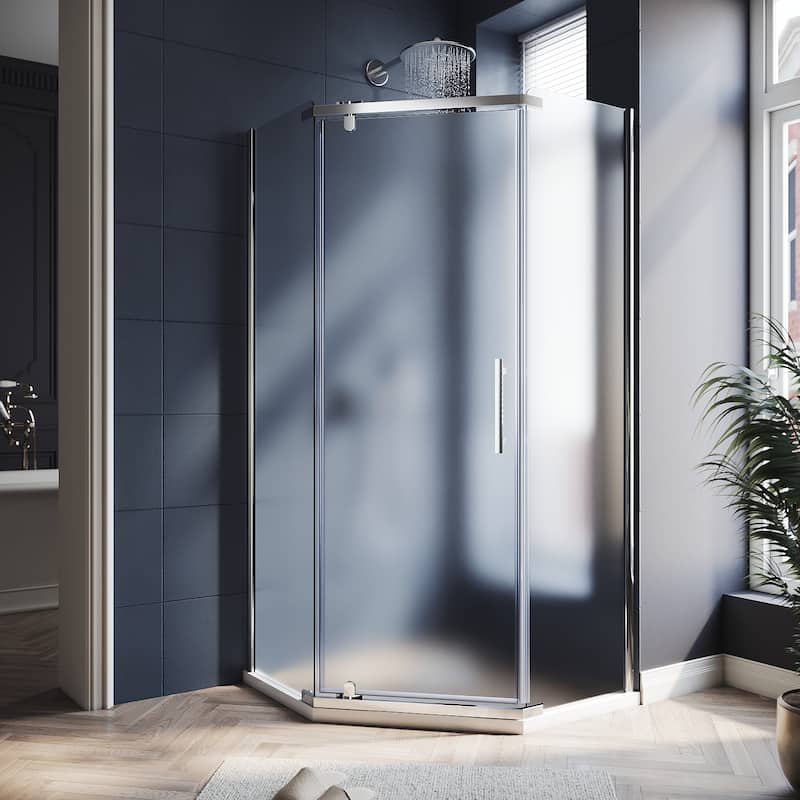 Elegant Corner Shower Enclosure 36 1/2 in. W x 72 in. H Neo-angle Sliding Shower Door 1/4 in. Tempered Glass with Shower Base - Frosted Glass
