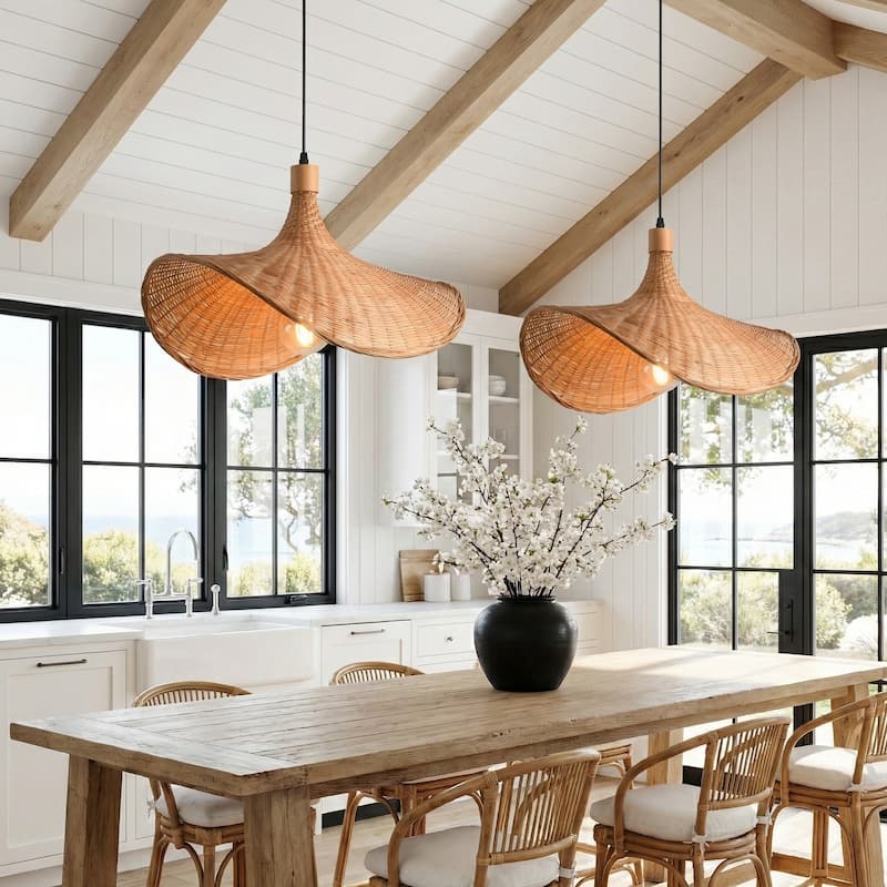 20" Natural Wicker Rattan Adjustable Pendant Light Chandelier for Dining Room