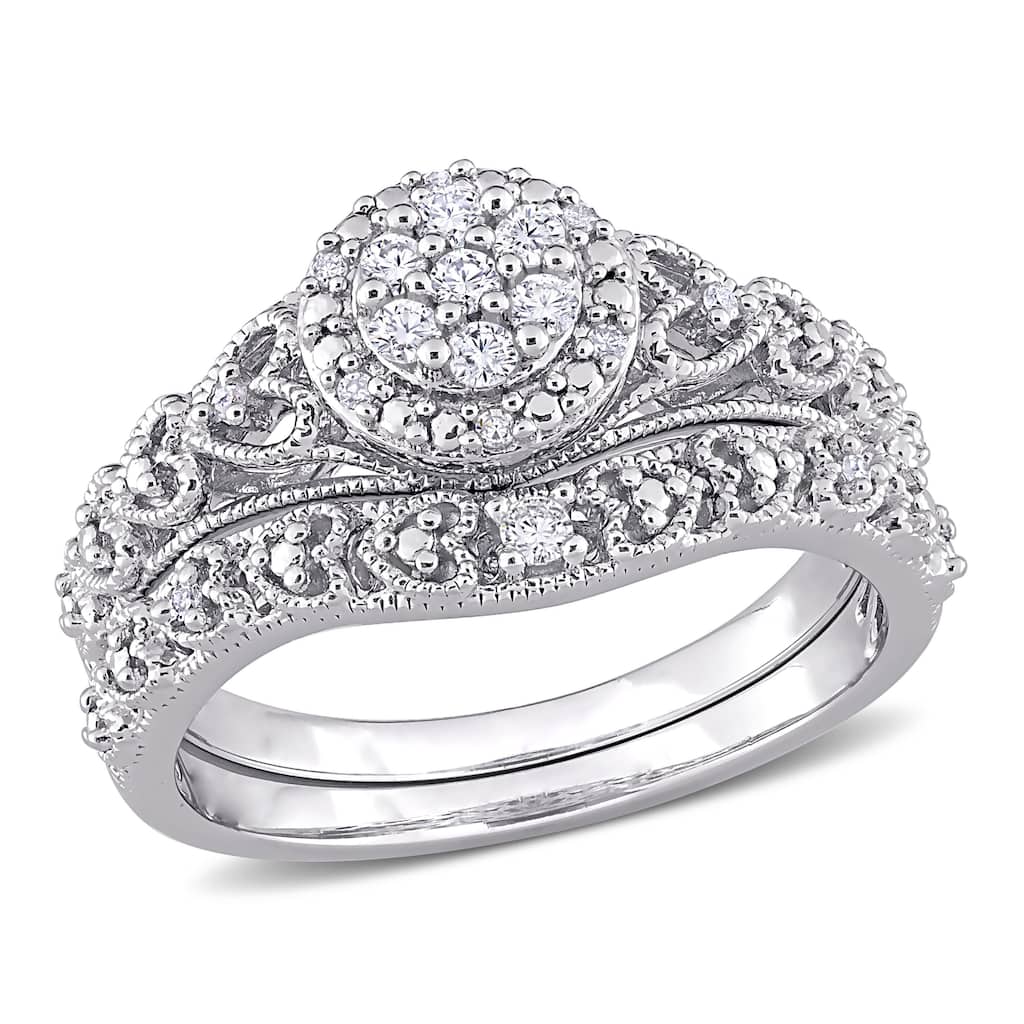 Miadora Sterling Silver 1/5ct TDW Diamond Composite Halo Heart Vintage Bridal Ring Set