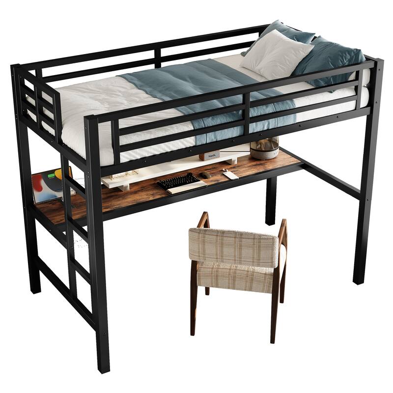 Metal Twin Size Loft Bed with Power Outlet and LED Lighted, Space-Saving, Noise Reduced, Black
