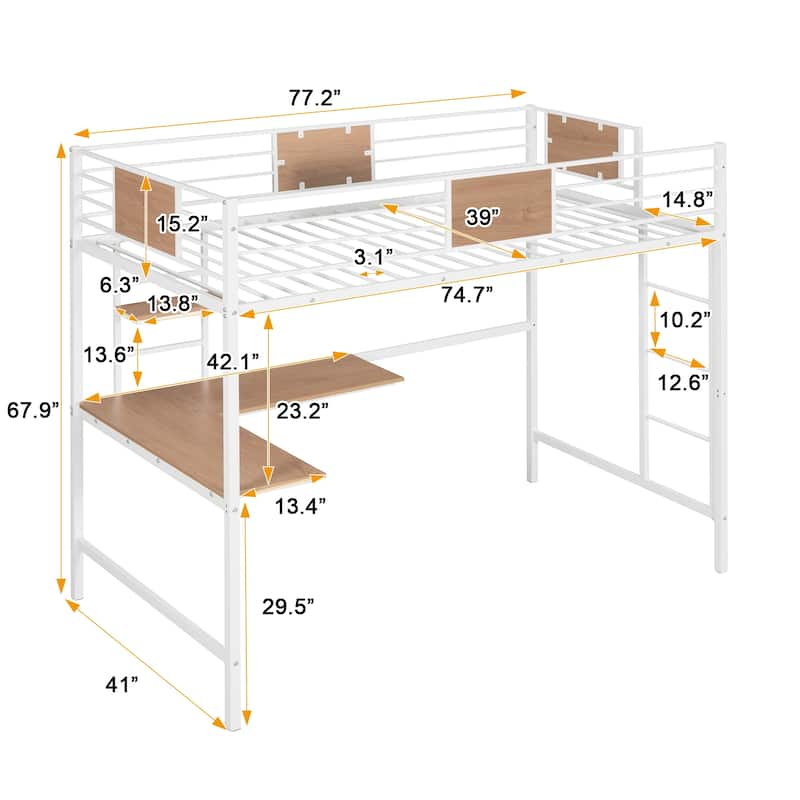 Twin Metal Loft Bed with Desk and Shelve,White