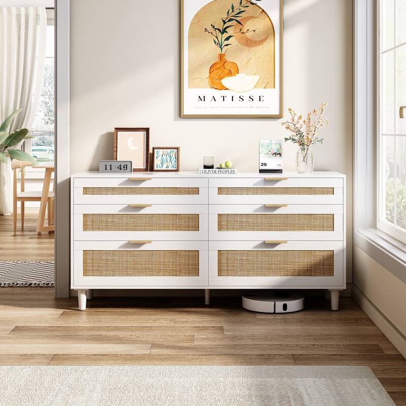 59" Rattan Dresser with Drawers, 6 Drawer Dresser for Bedroom, Clothes Storage Cabinet for Bedroom - White