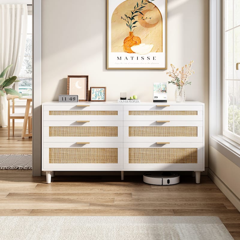 6 Drawers Rattan Dresser, Wooden Storage Wardrobe Dresser, Floor Standing Storage Cabinet with Metal Handle & Wood Legs