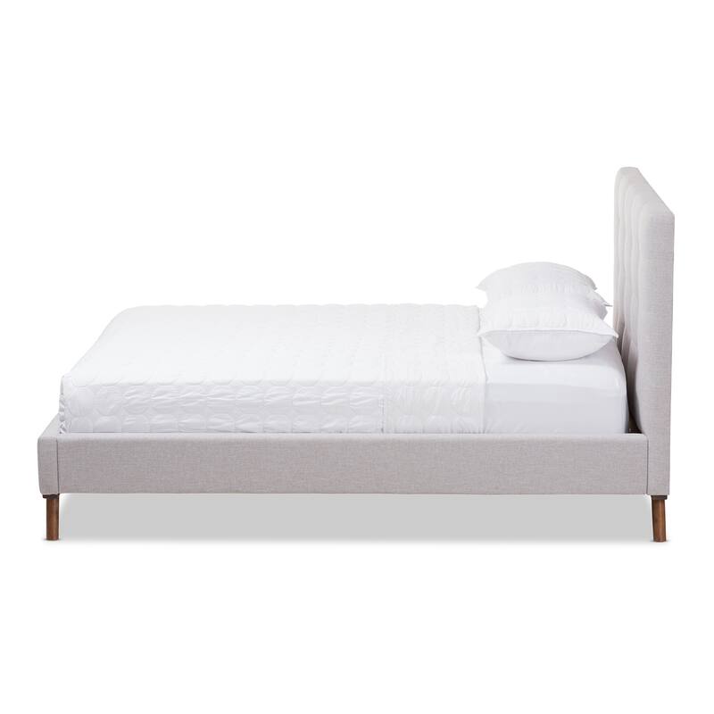 Queen Size Platform Bed - Modern Fabric Bed Frame with Wood Legs - Greyish Beige Bedroom Furniture