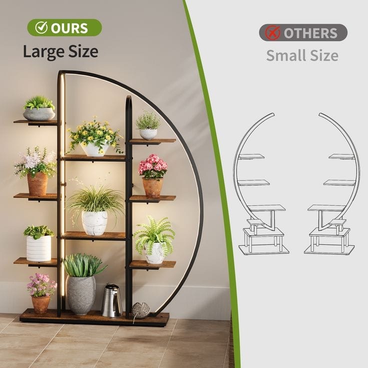 Plant Stand Indoor with LED Light, 61" Tall Metal Plant Shelf, 9 Tier Moon-Shaped Plant Rack for Living Room