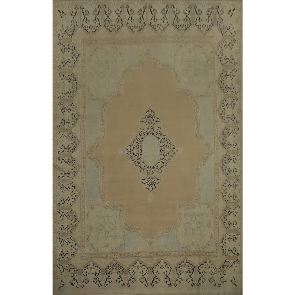 Hand Knotted Oriental 100% Wool Carpet Traditional Medallion Beige & Ivories Kerman Area Rug - 13' 8'' X 9' 9''