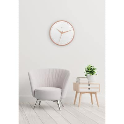 Round Wooden Wall Clock with Line Markers - 16" - Rose Gold and White