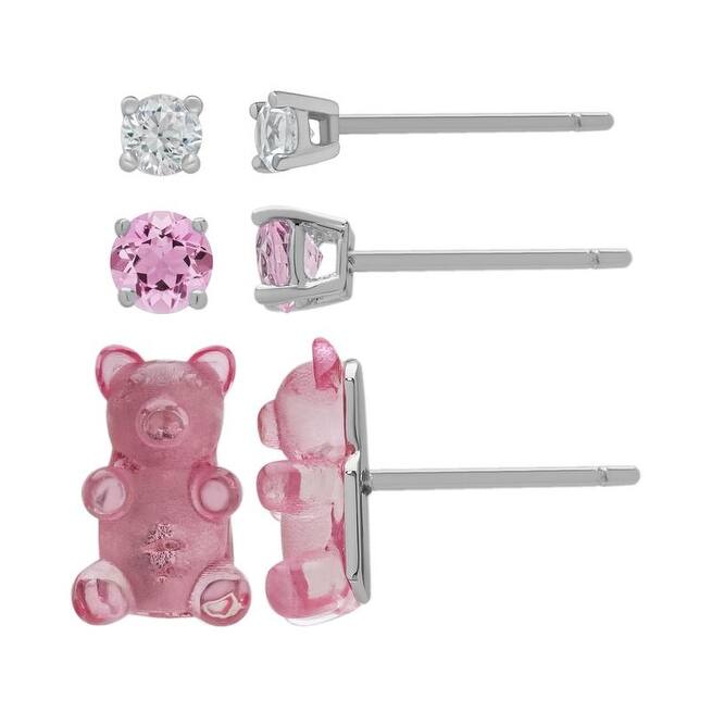 .925 Sterling Silver Pink Sapphire Gummy Bear 3 Pair Earring Set.