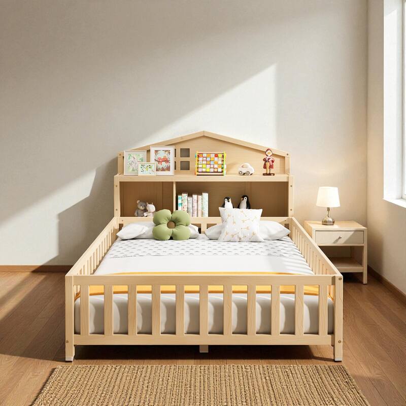 Full Size Montessori Floor Bed with Guard Rails, Bookcase Headboard & Blackboard, Solid Wood Platform Bed for Kids