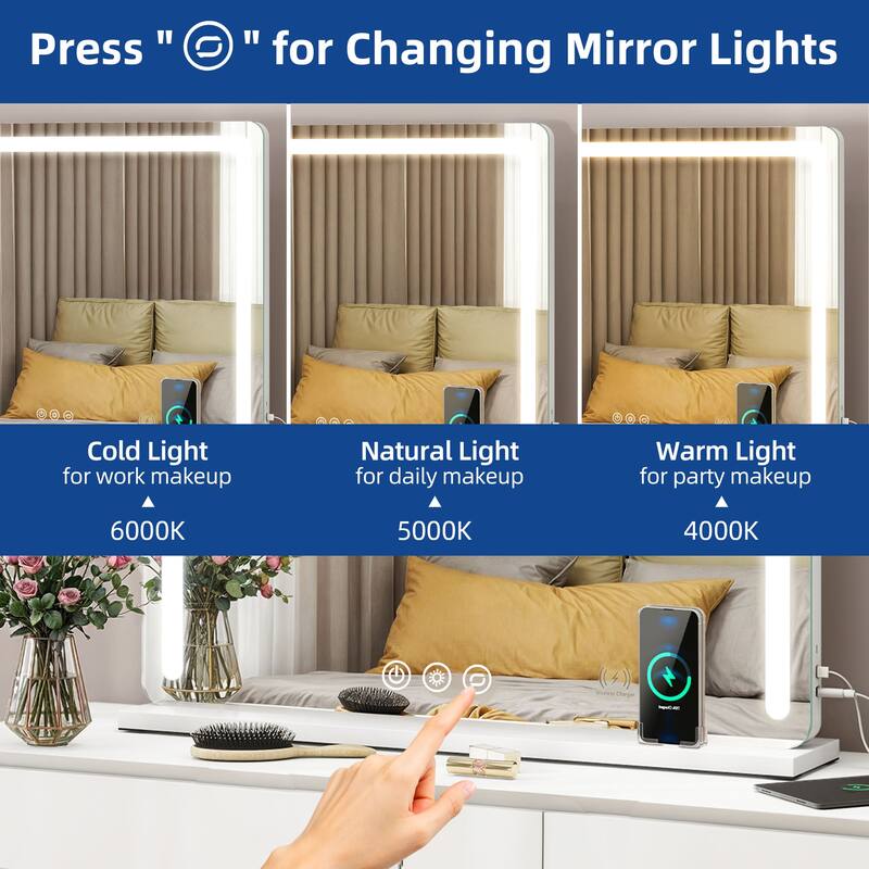 Moasis LED Lighted Makeup Mirror with Touch Screen 3 Colors Lighting Vanity Mirror w/ Wireless Charger and Speaker