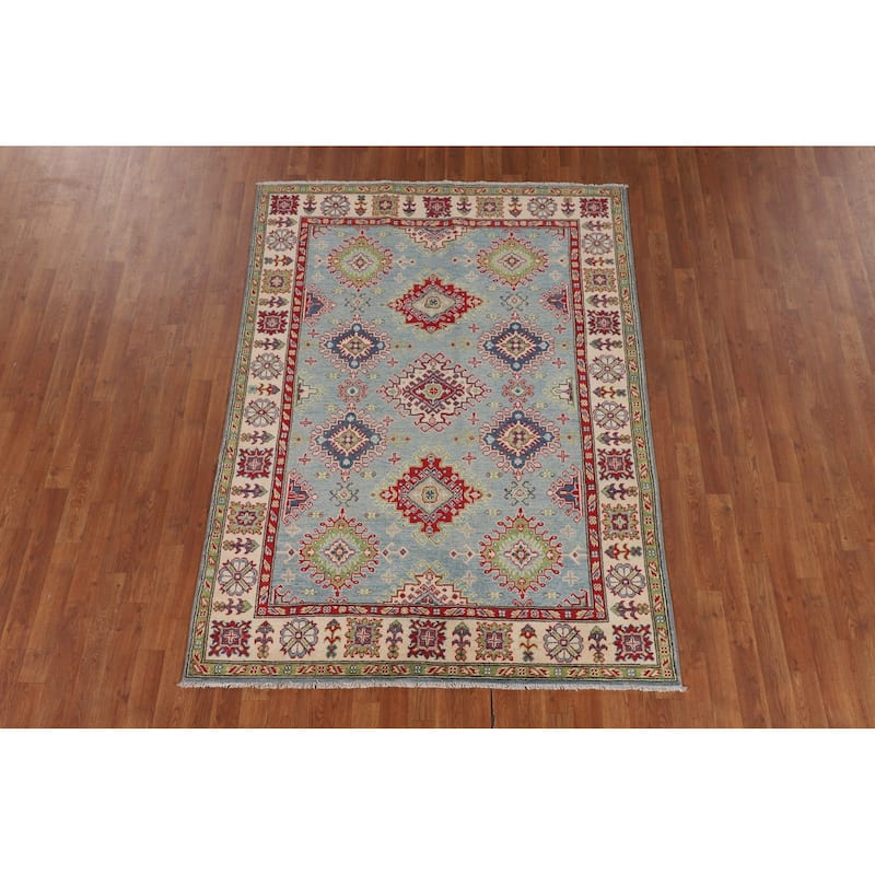 Light Blue Geometric Kazak Rug Handmade Oriental Wool Carpet - 5'0" x 6'11"