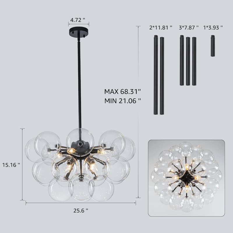 Starsky 12‑Light Linear Chandelier with Clear Glass Globes - Black or Gold Finish