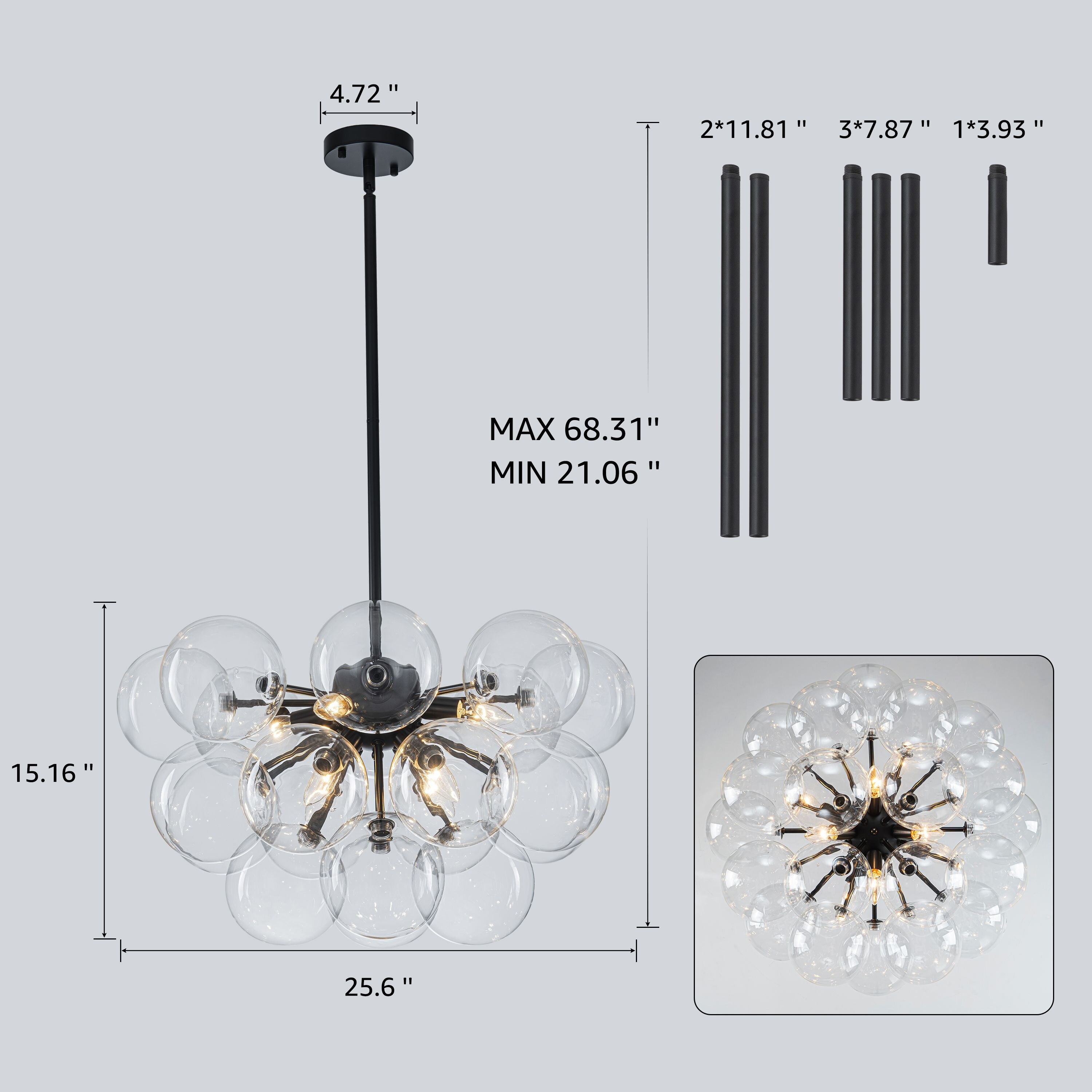 Starsky 8‑Light Linear Chandelier with Clear Glass Globes - Black