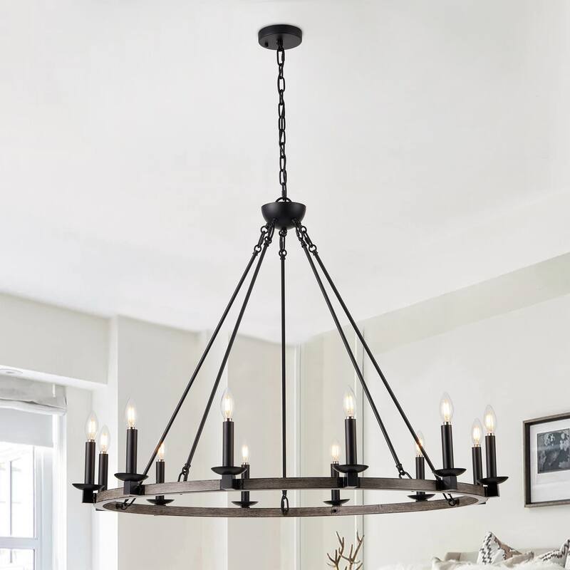 Rustic Black 12-Light Wagon Wheel Candle Style Chandelier - Black