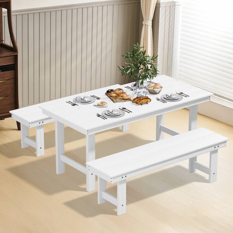 3-Piece HDPE Outdoor Dining Set with Umbrella Hole Table and Two 2-Person Benches