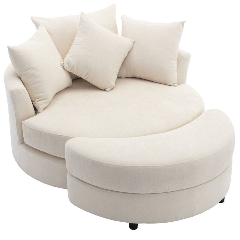 Roomfitters Modern 360° Swivel Barrel Chair with Hidden Storage Ottoman, Chenille Upholstery and Four Pillows