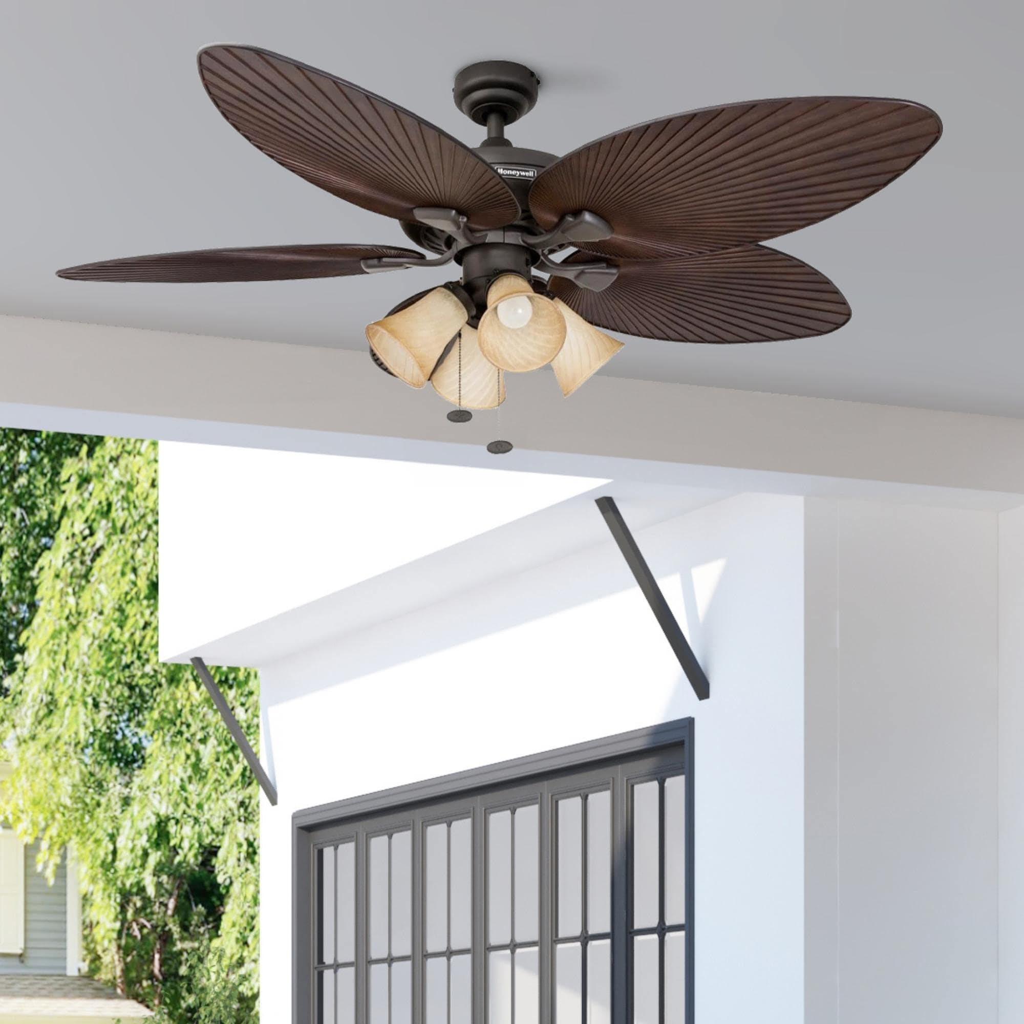 52" Honeywell Palm Island Bronze Indoor/Outdoor Ceiling Fan with Light, Pull Chain, 5 Palm Leaf Blades