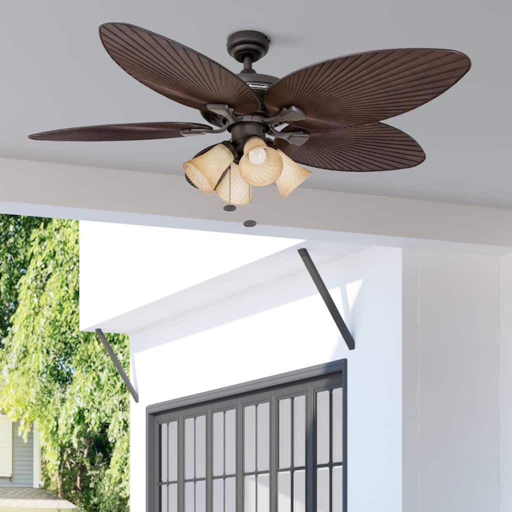 52" Honeywell Palm Island Bronze Indoor/Outdoor Ceiling Fan with Light, Pull Chain, 5 Palm Leaf Blades