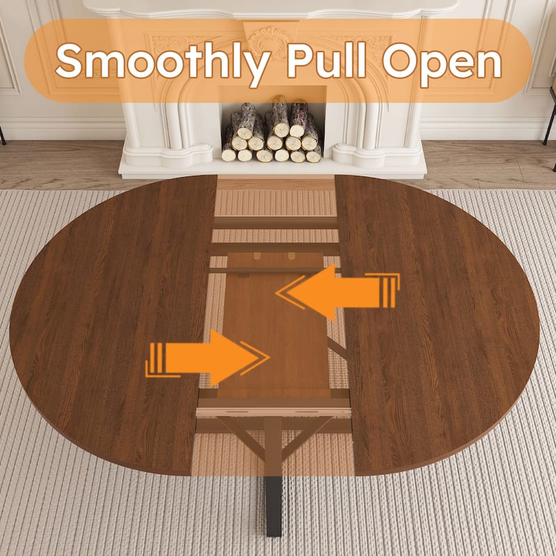 Roomfitters 47 Inch Extendable Round Dining Table for 4-8 with Storage Shelf, Circle to Oval Kitchen Table, Walnut Finish