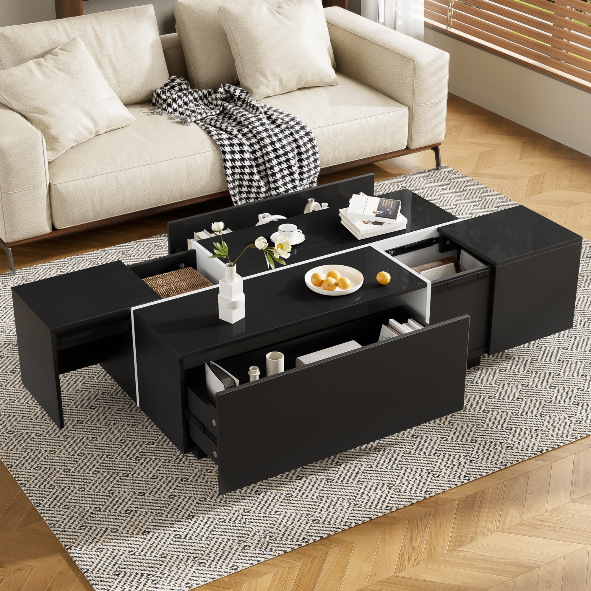 47.2''-72.7'' Extendable Coffee Table,with High-Gloss Finish,with 2 Hidden Storage Space and 2 Drawers