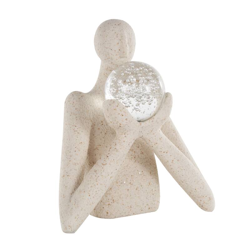 Polystone People Abstract Textured Decorative Sculpture with Clear Glass Ball and Gold Speckles - Cream - Roche River Decor