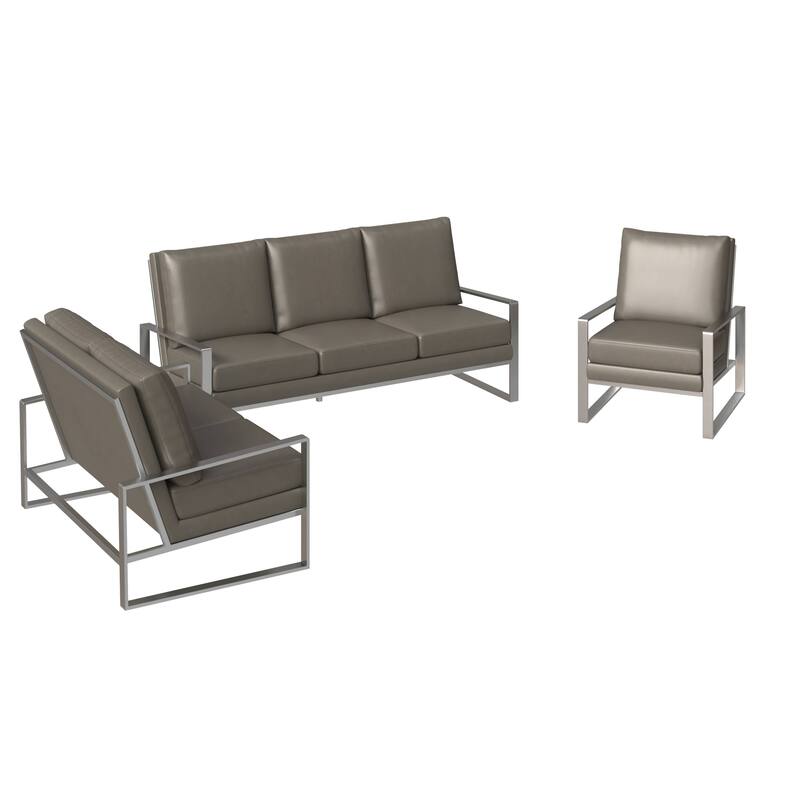 3-Piece Leather Sofa Set Brushed Stainless Steel Base and Removable Cushions - Grey