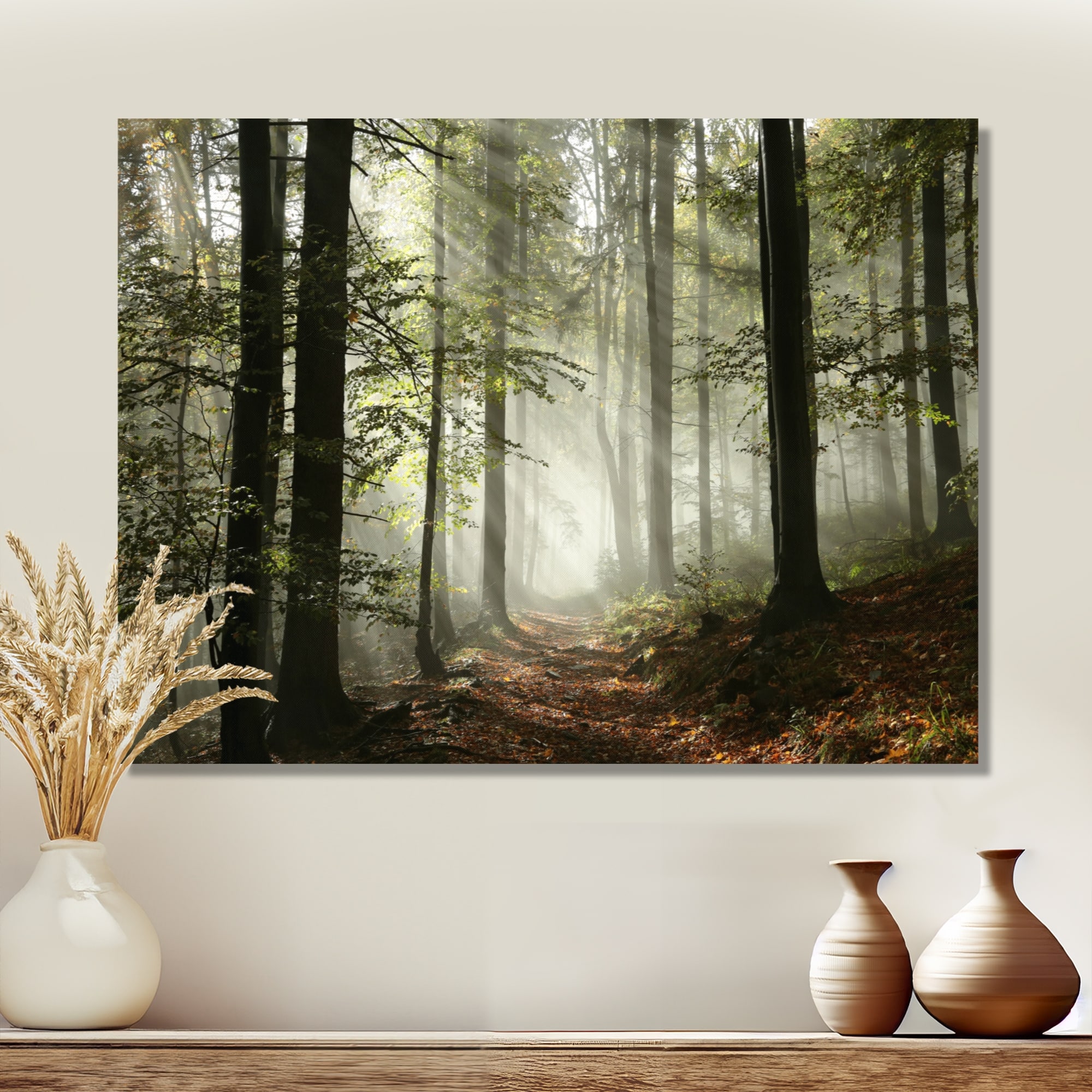 Designart "Light in Dense Fall Forest with Fog" Landscape Canvas Art Print