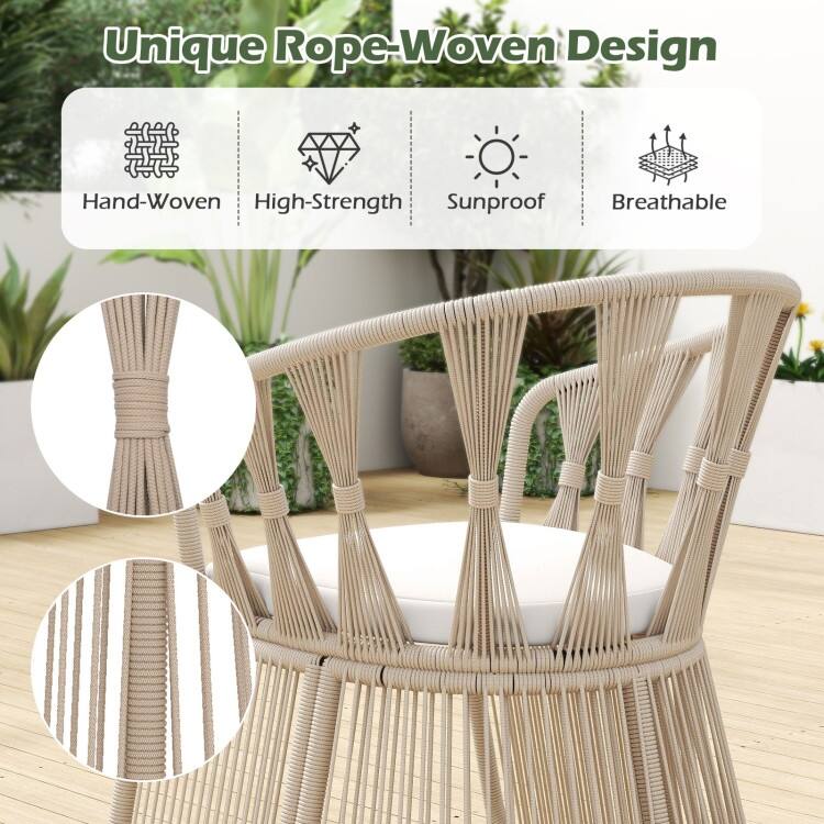 3 Piece Beige Rope Woven Metal Patio Bistro Set with Off White Cushions and Table - Chair: 27.5" x 25.5" x 31" (L x W x H)
