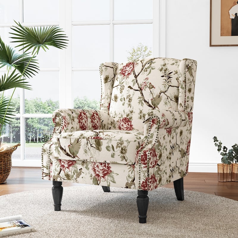 Mid-Century Modern Linen/ Vegan Leather Wing Back Accent Chair