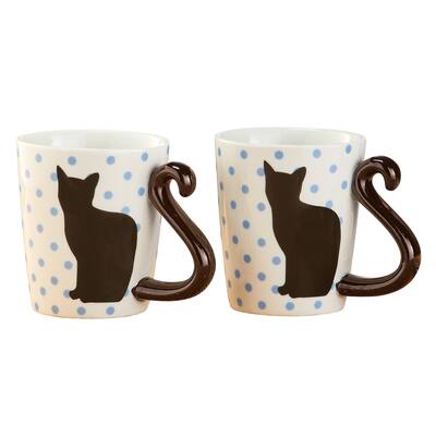 Cat Tail Polka Dot Ceramic Coffee Mugs - Set of 2 - 9.750 x 5.750 x 5.250