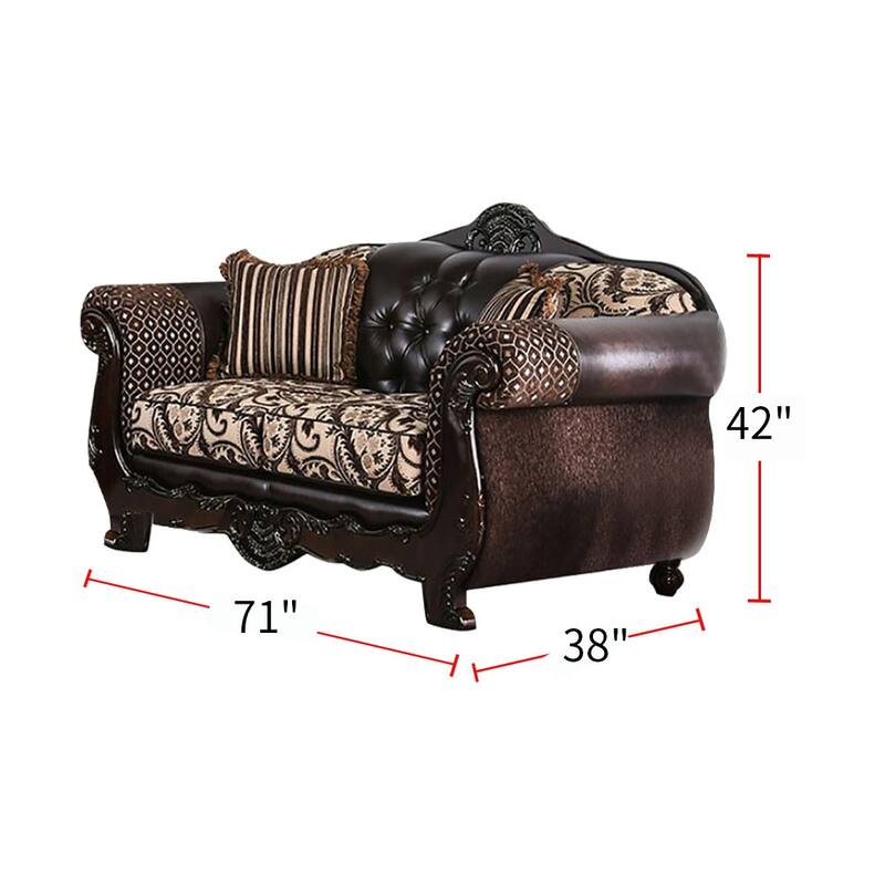 Chenille and Leatherette Loveseat with Pillows in Light Brown