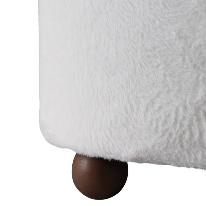 Wood Faux Fur Ottoman Ball Feet Luxury Pouf Footstool - 15" Ivory