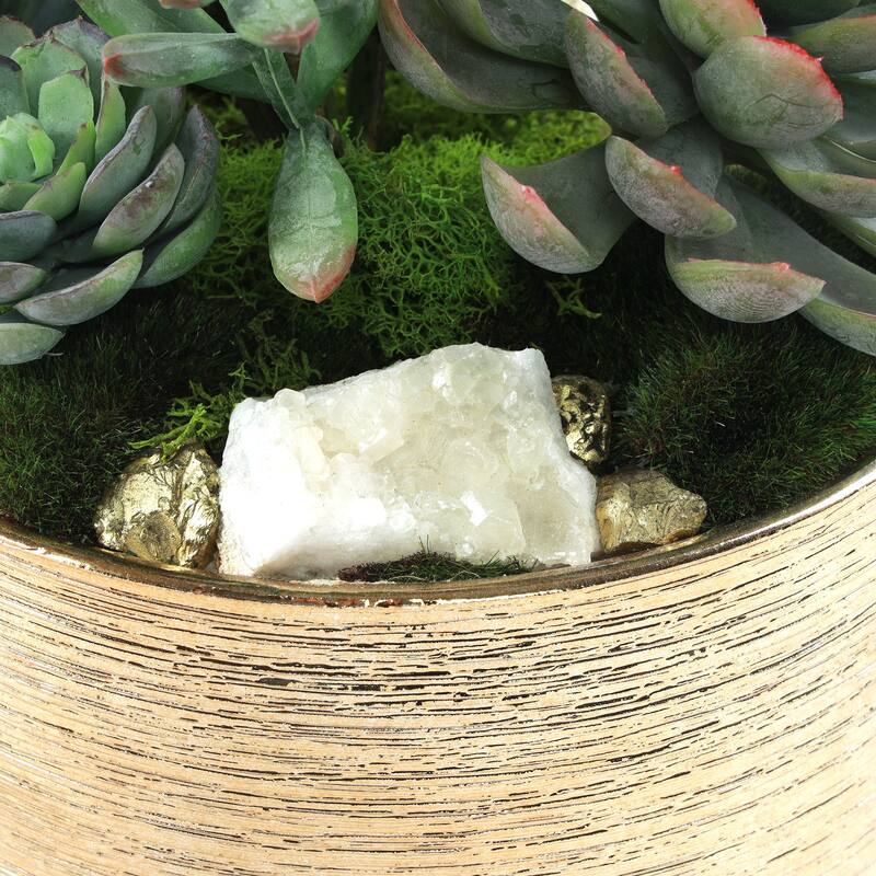 Faux Sedum & Succulent Arrangement in Etched Golden Pot - Green