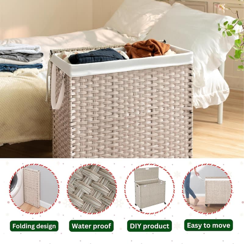 Laundry Hamper with Wheels, 160L Rattan Hampers & 2 Removable Liner Bags, Laundry Basket with Lid - 27"Lx 13.38"W x 26.18"H
