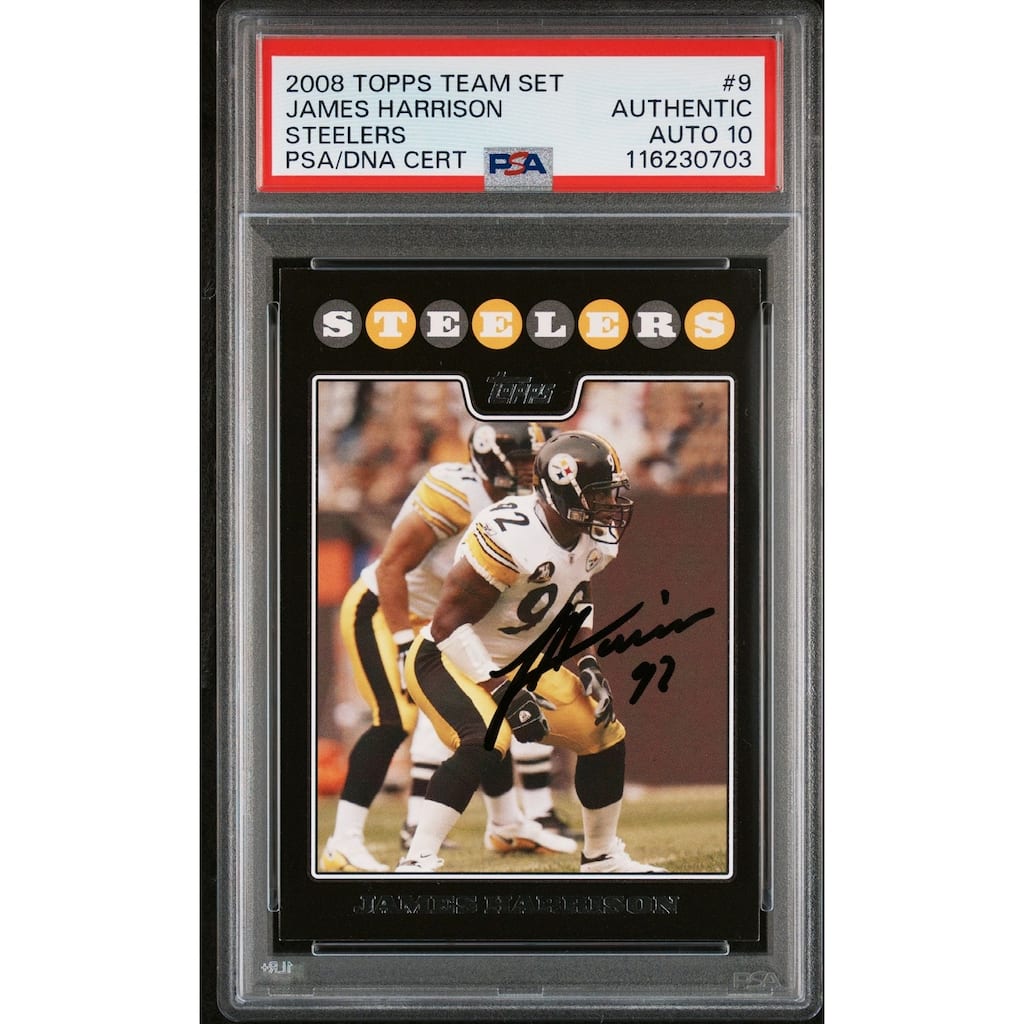 James Harrison 2008 Topps Team Set Steelers Black Signed Football Rookie Card #9 Auto Graded PSA 10 Cert # 116230703 - 8' x 11'
