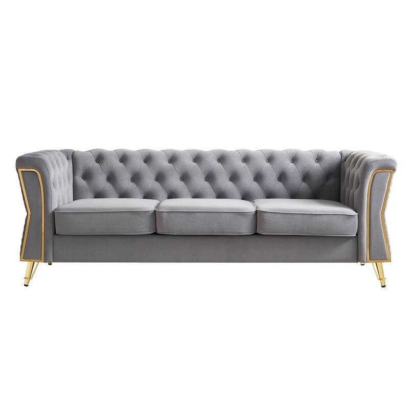 Mid-century Couch Velvet Upholstered Sofa with Button Tufted Backrest, Unique Armrest Design and Golden Metal Decor