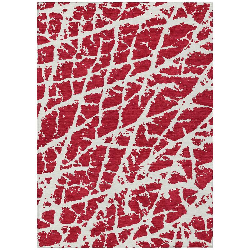 Machine Washable Indoor/ Outdoor Transitional Red Crackle Chantille Rug