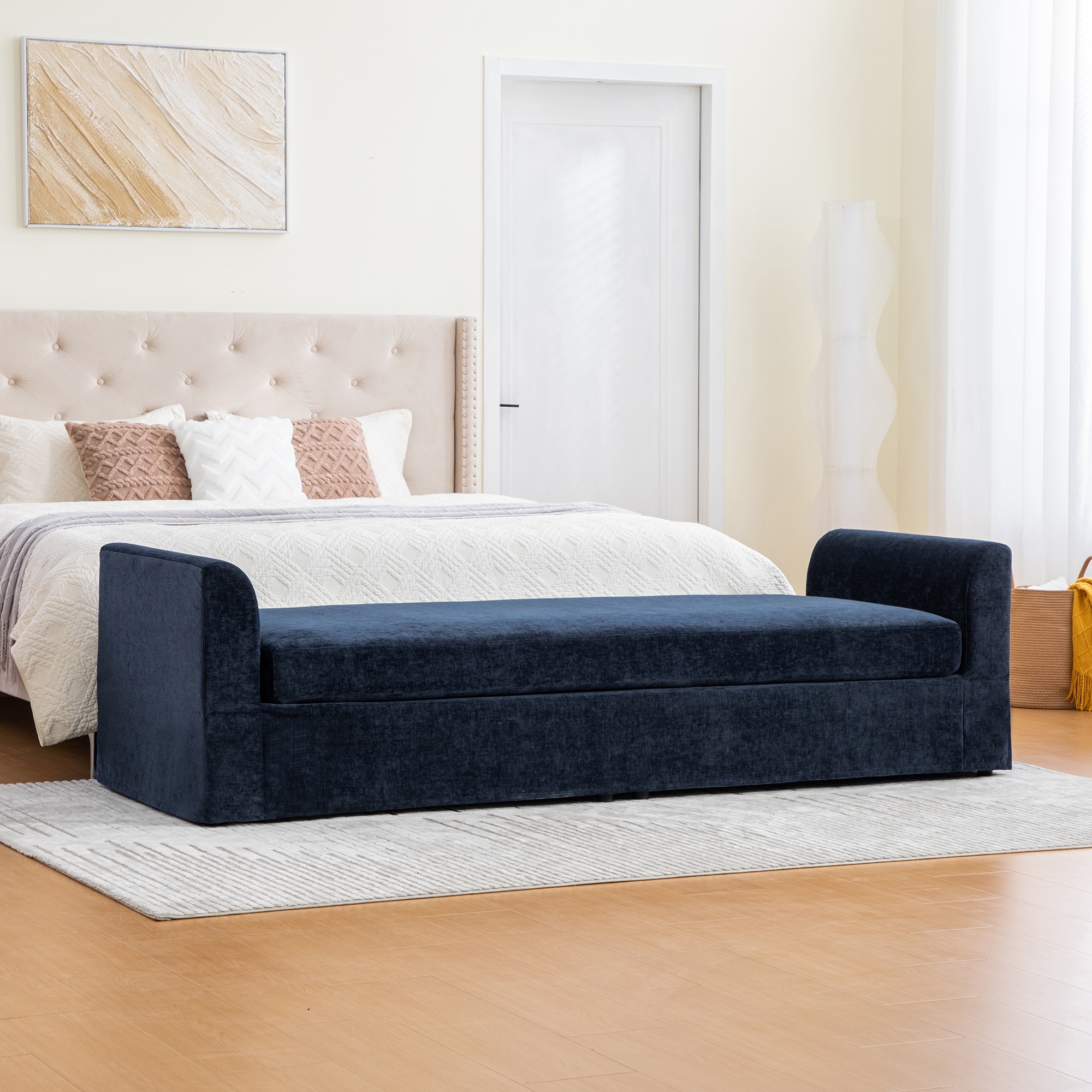 Modern Bench With Armrests And Bolster Pillows For Living Room And Entryway