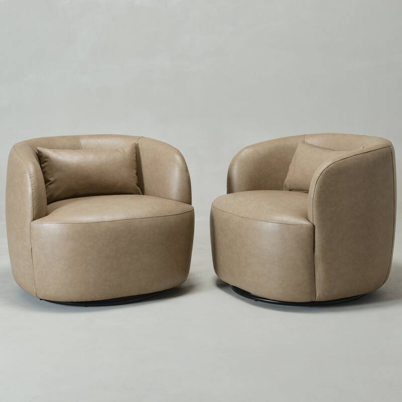 KINWELL 34" Wide Swivel Faux Leather Barrel Armchair Upholstered PU Leather Accent Chairs for Living Room Office Lounge
