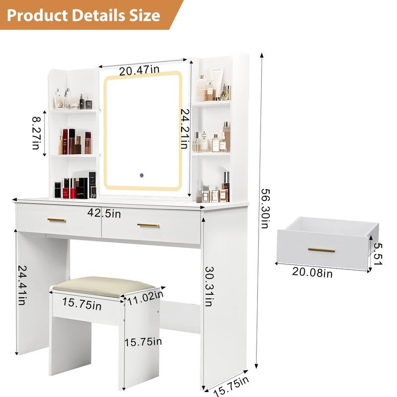 Vanity Desk with Mirror and Lights, Makeup Vanity with 2 Drawers and 6 Storage Shelves, with Power Outlet & Cushioned Stool
