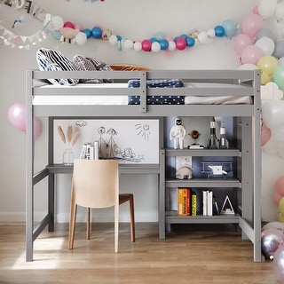 Full Size Wooden Loft Bed with Shelves, Desk and Writing Board,Multi-Functional Children's Wooden Loft Bed